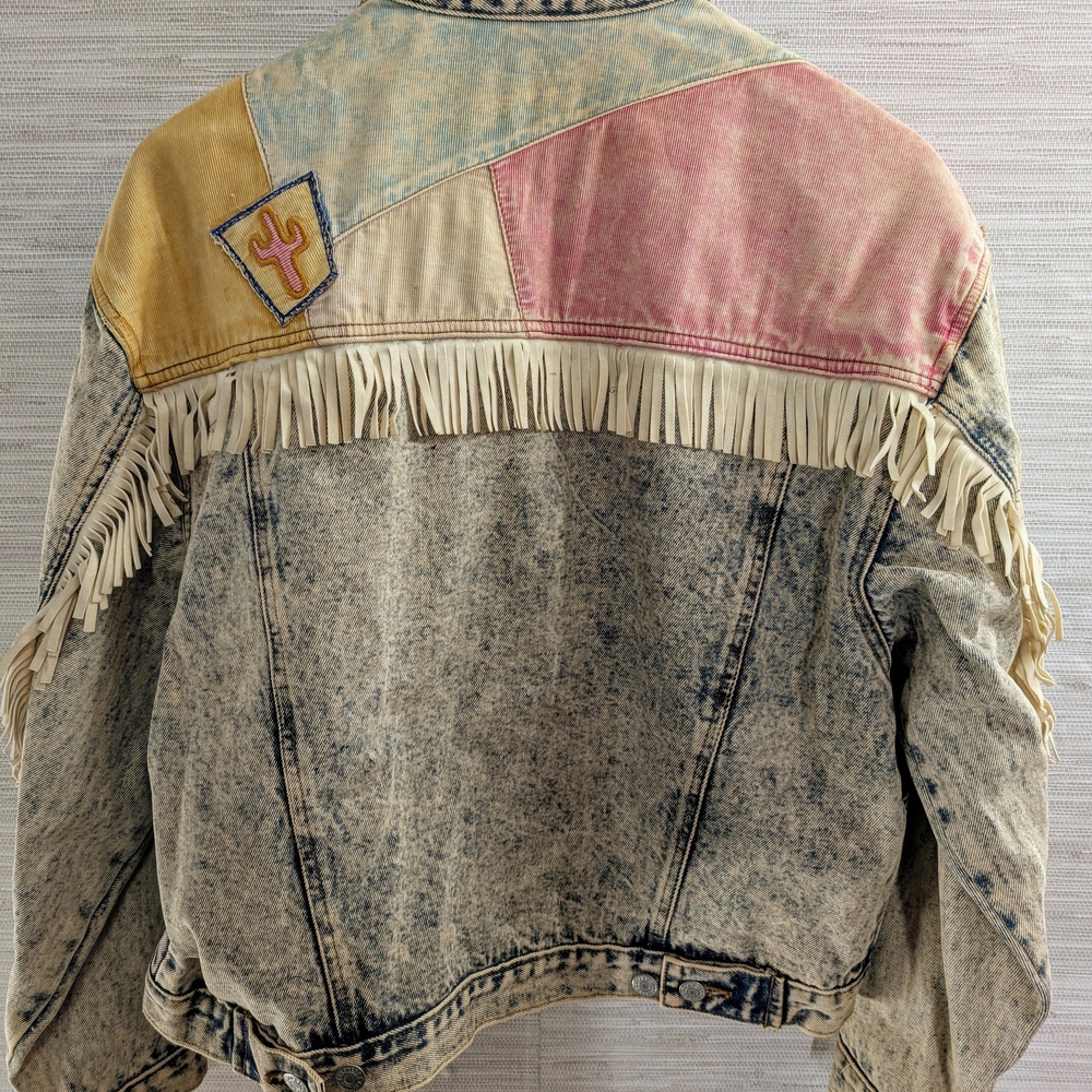 Vintage Gitano Acid Wash Denim Jacket Southwestern Pastel With Fringe Large - Picture 2 of 11